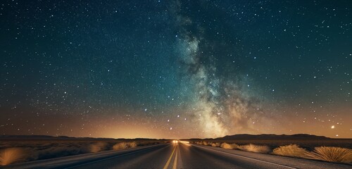 An empty desert highway under a clear, dark sky filled with stars, the road illuminated by faint, distant headlights 32k, full ultra hd, high resolution
