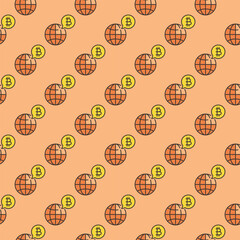 Earth and Bitcoin vector Worldwide Cryptocurrency colored seamless pattern