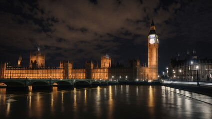 Obraz premium The image is of the Houses of Parliament in London, England. It is night time and the buildings are lit up. There is a bridge in front of the buildings and a river in front of the bridge.