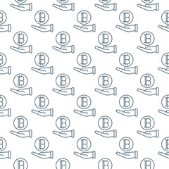 Hand holding Bitcoin vector Cryptocurrency seamless pattern in outline style