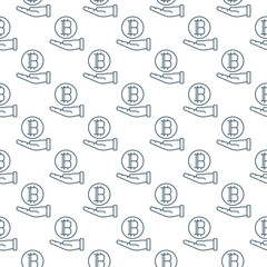 Hand holding Bitcoin vector Cryptocurrency seamless pattern in outline style