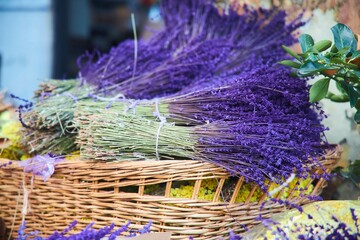 Sale of various spicy and aromatic herbs from a street stall. Lavender and other flowers.