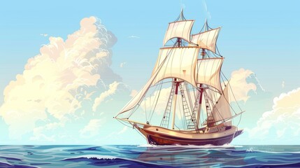 Sailing ship in sea water. Painting.