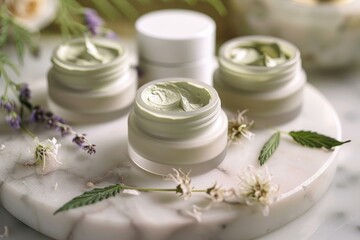 Elegant display of natural skincare creams on a marble surface, surrounded by fresh herbs and flowers
