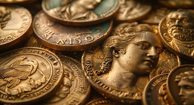 A pile of gold coins. The coins are old and have different designs on them