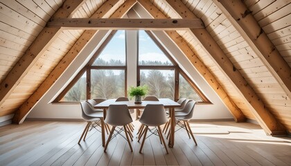 Modern Dining in the Attic: Scandinavian Style with Wooden Beams"