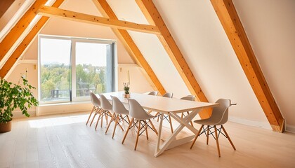 Modern Dining in the Attic: Scandinavian Style with Wooden Beams"