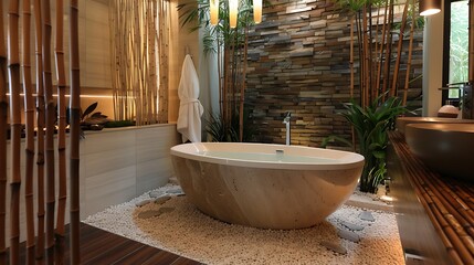 Zen Bathroom, A spa-like bathroom with a freestanding bathtub, natural stone tiles, bamboo accents,...