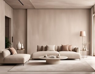 Light beige living room with Modern interior hall with furniture design mockup, ivory taupe plaster microcement wall, luxury nude accent lounge reception, 3D render