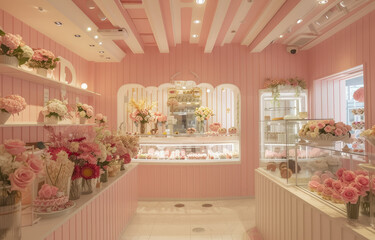 create an interior design of flower shop with pastel pink and white color palette, white stripes on the wall, white counter top, flowers in vases, arched window at back