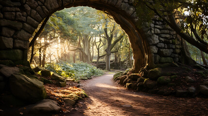 A majestic stone arch gracefully stands amidst the dense foliage of a picturesque forest A sundappled forest path leading to a mysterious stone arch AI Generated