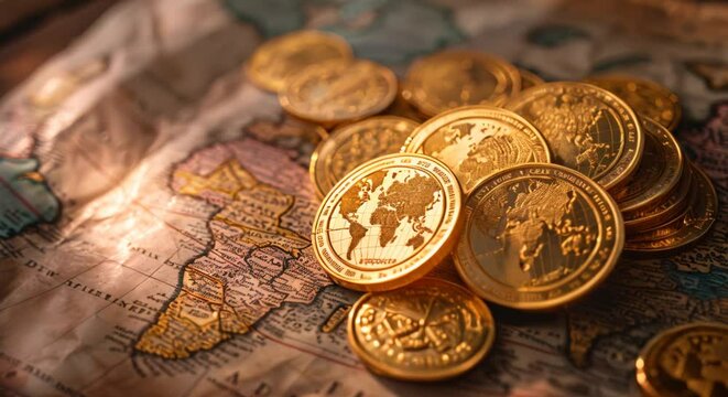 Ancient gold coins spread on an old map, photorealistic, moody lighting