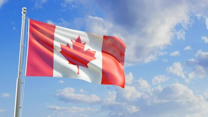Flag of Canada waving in the wind on background of sky