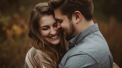 Obraz premium A joyful couple embracing and smiling in an autumn forest, exuding warmth and happiness.