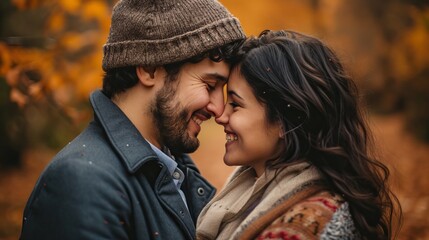 Obraz premium A loving couple in a close embrace, touching noses in an autumn forest setting with vibrant fall colors.