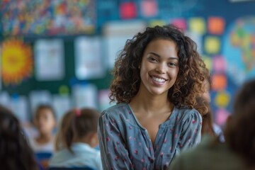 Smiling Teacher in a Colorful Classroom