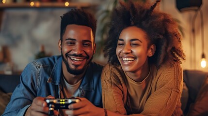 A joyful young couple playing video games together on a couch, laughing and enjoying a cozy evening indoors.