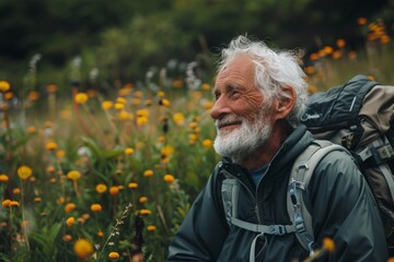 Senior Hiker Enjoying Nature in Flower Field