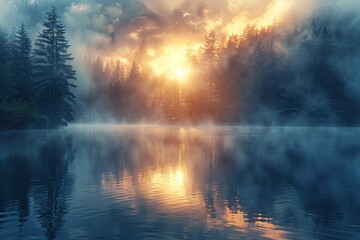 Obraz premium A serene landscape featuring a forest under a misty sunrise with reflections on the water, evoking tranquility