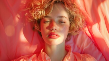 Fototapeta premium Blonde Coiffure. Beautiful Model Girl with Short Curly Hair in Bright Colors