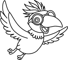 Hand drawn A hornbill wearing glasses is flying. outline