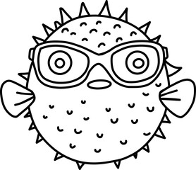 Hand drawn puffer fish wearing glasses. Outline