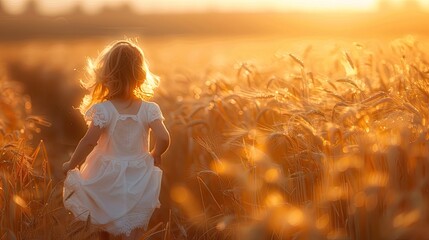 A little girl is running through a field of golden wheat. The sun is setting, casting a warm glow over the scene. The girl's dress is white, and she is enjoying the peaceful