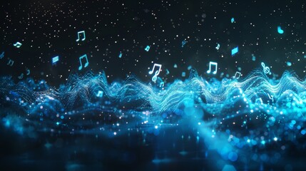 Blue digital sound waves create a mesmerizing display of music and technology in a dynamic night sky. Generative AI