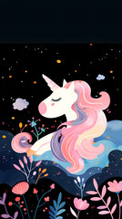 Cute fairy unicorn watercolor drawing isolated on black background
