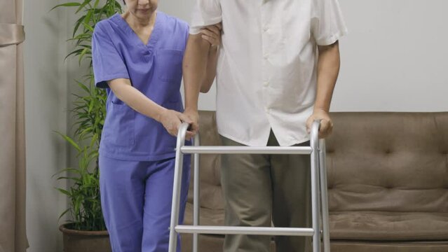 Caregiver takecare older man that having Sarcopenia or muscle loss. Sarcopenia is a degenerative disease of the muscle usually caused by the natural consequence of aging.
