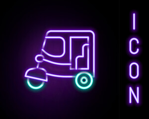 Glowing neon line Taxi tuk tuk icon isolated on black background. Indian auto rickshaw concept. Delhi auto. Colorful outline concept. Vector