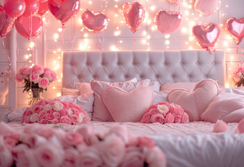 The pink room for a romantic dinner is decorated with balloons and flowers. Holiday festive decor.