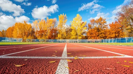 High school track and field ground, red running tracks with white lines on the sports complex of high schools, blue sky.