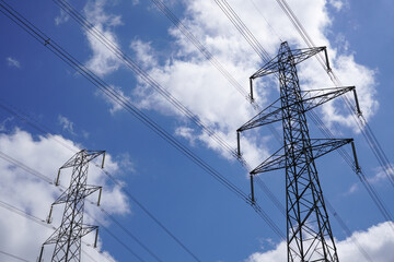 overhead power lines. Electricity pylons. Energy and power supply. Electric tower 