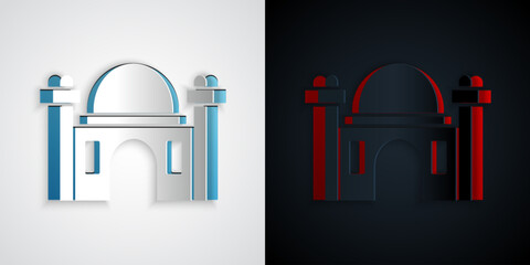Paper cut Muslim Mosque icon isolated on grey and black background. Paper art style. Vector