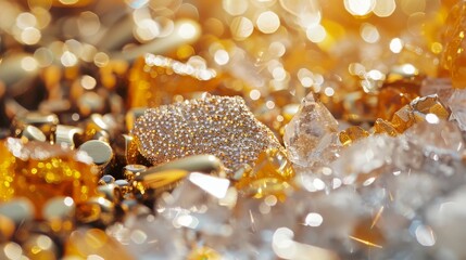 A close-up of glittering gold jewelry against a backdrop of polished stones, highlighting the richness of texture