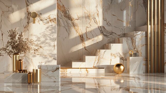 A luxurious display of marble and gold accents, with a focus on the golden ratio in the composition
