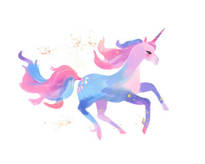 Pink and blue pastel colors unicorn silhouette riding watercolor cartoon illustration isolated on white background