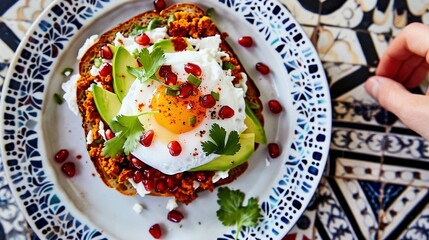   A close-up of a plate featuring an egg atop a bed of beans and avocado