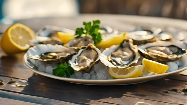 Fresh Oysters on white plate with lemon on blurred seascape background. Healthy seafood. Fresh Oyster in open air restaurant. Gourmet food. Copy space 