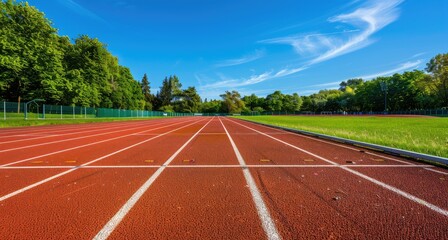 High school track and field ground, red running tracks with white lines on the sports complex of high schools, blue sky.