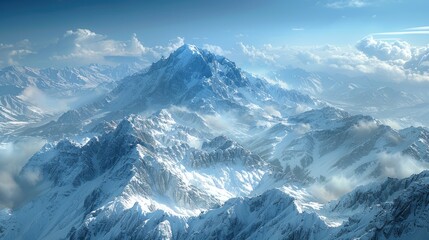 An aerial photograph of a mountain range, emphasizing the vastness and beauty of the snow-capped peaks and valleys