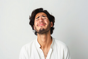 Fototapeta premium Hispanic Man Expressing Frustration with Eyes Closed and Head Tilted Back in White Shirt