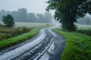 Fototapeta premium Wet, curving road amidst a tranquil rural landscape shrouded in morning mist
