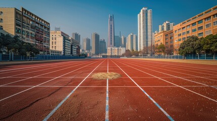 High school track and field ground, red running tracks with white lines on the sports complex of...