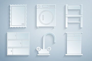 Set Water tap, Chair, Shelf, Big bed, Washer and Picture icon. Vector