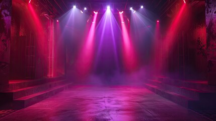 A stage with lights and a foggy atmosphere
