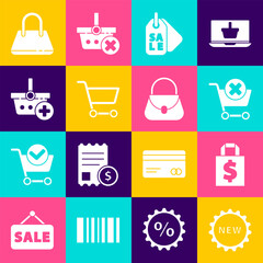 Set Price tag with text New, Shoping bag and dollar, Remove shopping cart, Sale, Shopping, Add to basket, Handbag and icon. Vector