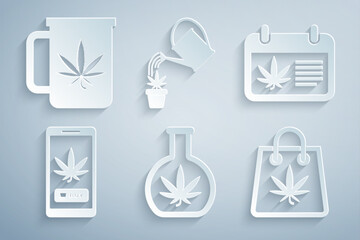 Set Test tube with marijuana, Calendar and, Online buying, Shopping bag of, Watering can and Cup tea icon. Vector