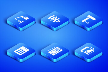 Set Electric kettle, Robotic robot arm hand factory, Radio, Graphic tablet, Traffic light and Water tap icon. Vector